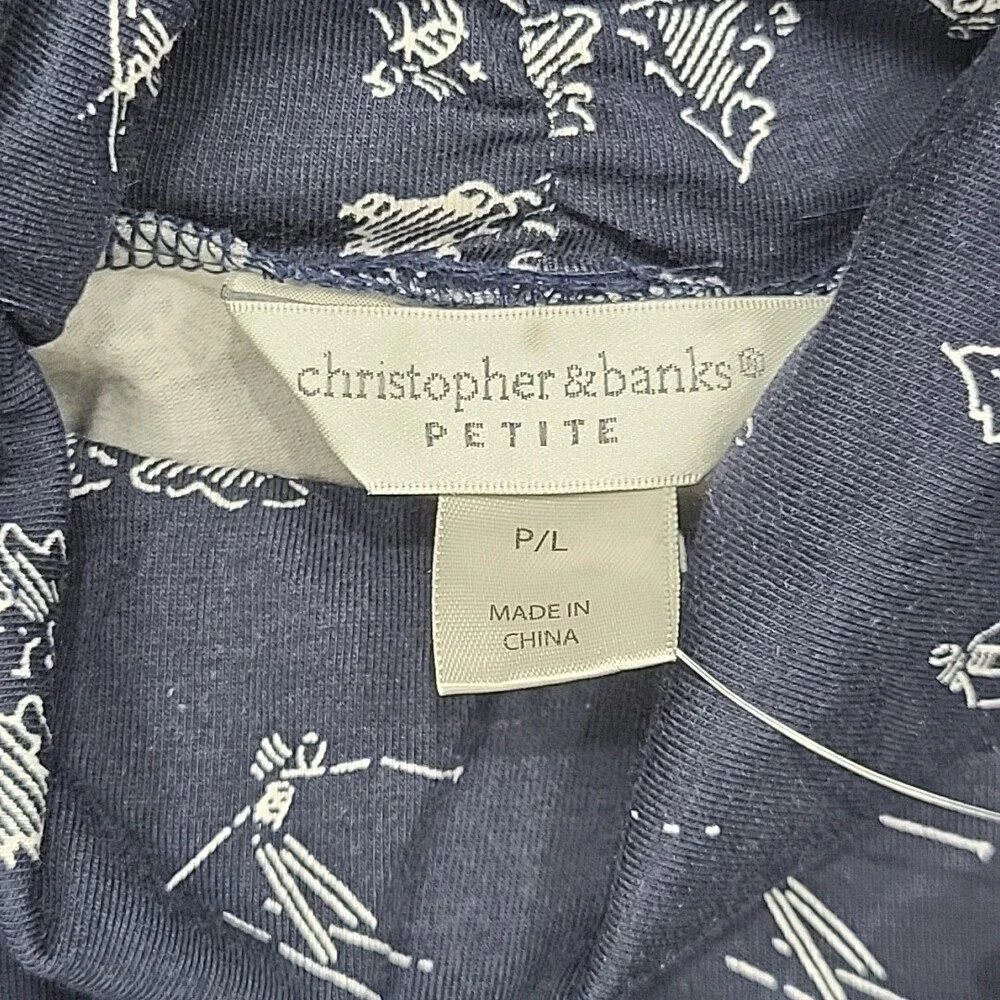 Christopher and Banks Womens Turtleneck Top Petite Large Size Printed Navy Shirt - Picture 7 of 10